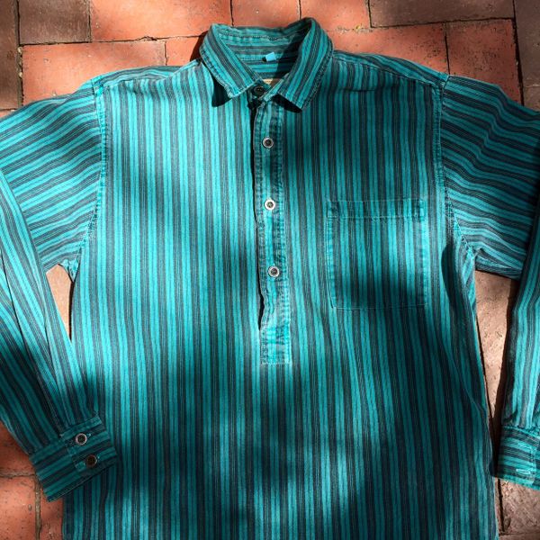 SOLD 1980's HALF PLACKET HOMESPUN TURQUOISE & BLACK STRIPED PRAIRIE ...