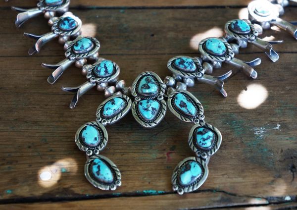SOLD 1970's SILVER KINGMAN TURQUOISE SQUASH BLOSSOM NECKLACE