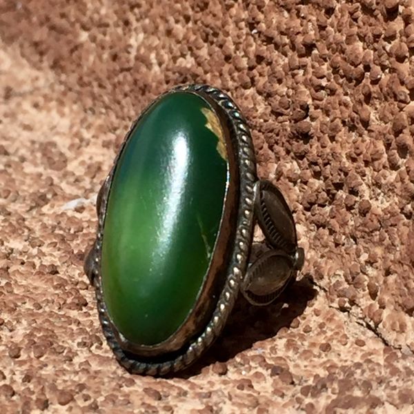 SOLD 1950s BIG GREEN TURQUOISE SILVER FRED HARVEY ERA RING