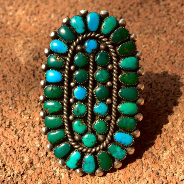 SOLD 1940s HUGE AMERICAN IDEAL PETITE POINT TURQUOISE & SILVER INGOT RING