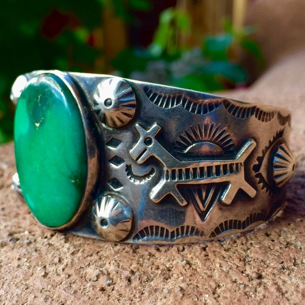 SOLD 1930s HUGE HORSE & PEYOTE BUTTON APPLIQUÉ FRED HARVEY ERA WIDE SILVER STAMPED CUFF