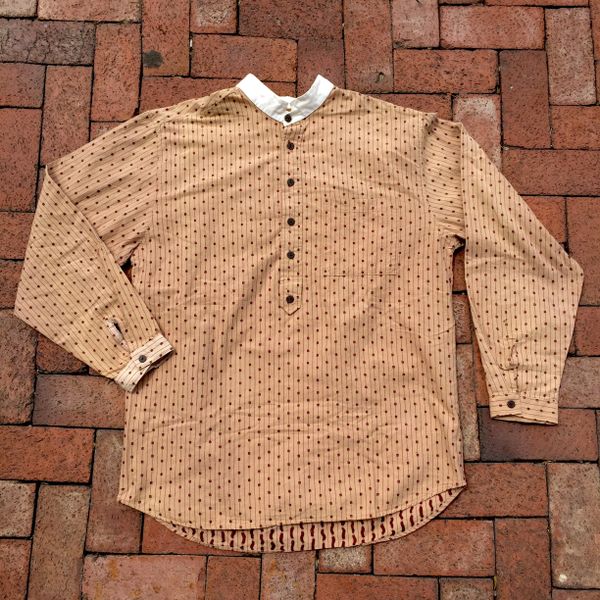 SOLD WOVEN TEXTILE BANDED COLLAR TAN & MAROON SHIRT