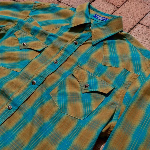 SOLD PENDLETON WESTERN SNAP SHADOWBOX BLUE & BROWN PLAID COTTON SPRING SHIRT