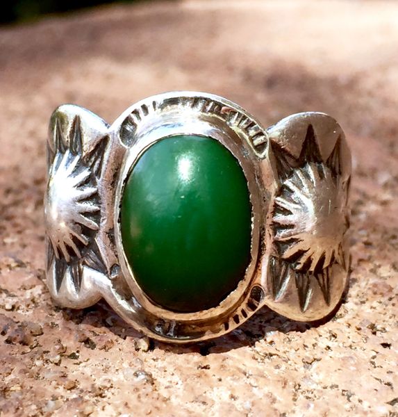 SOLD 1920s REPOUSSE' SILVER PEYOTE SUN & ARROW STAMPED KINGS MANASSA TURQUOISE FRED HARVEY ERA RING