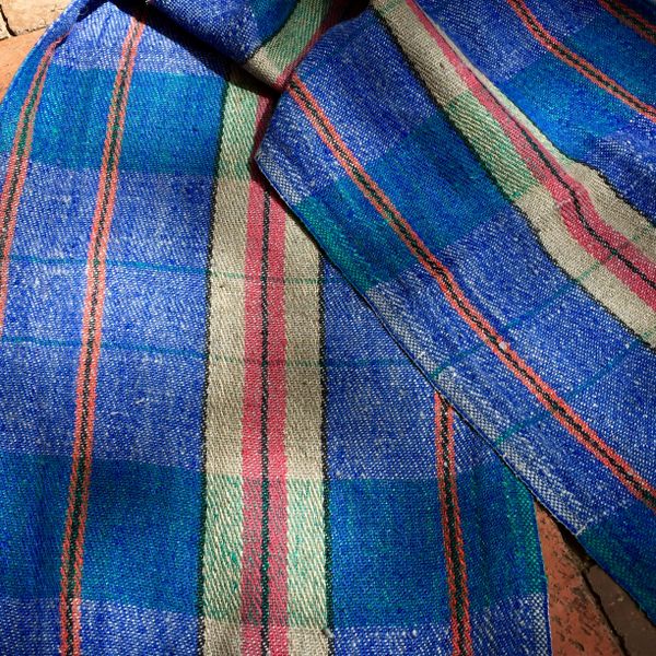 BLUE TARTAN PLAID RUSSIAN WOVEN LINEN SCARF