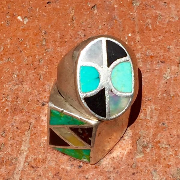 SOLD 1940's OVAL AMERICAN INLAY MOTHER of PEARL, ONYX & TURQUOISE SILVER MENS RING
