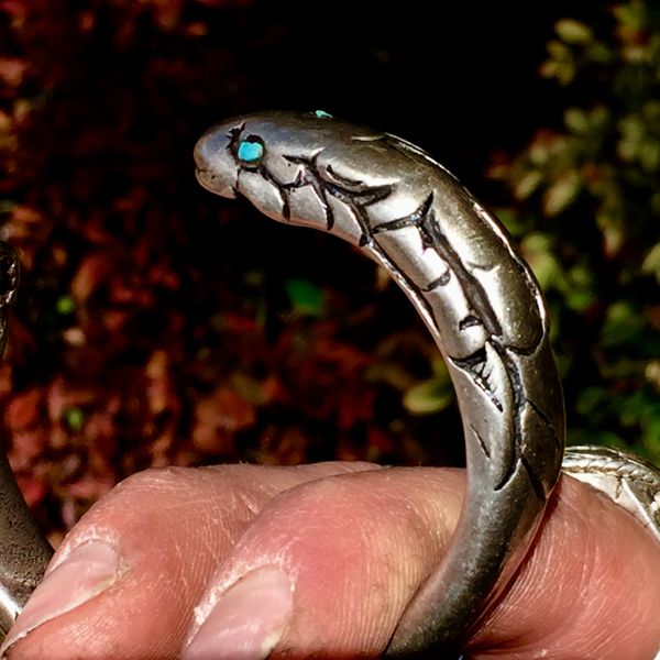 SOLD 1920s INDIAN INGOT SILVER INDIAN COBRA CUFF BANGLE BRACELET with TURQUOISE EYES