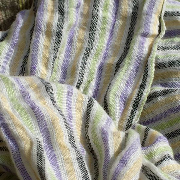 WHITE, YELLOW, LAVENDER & BLACK STRIPED LINEN SCARF