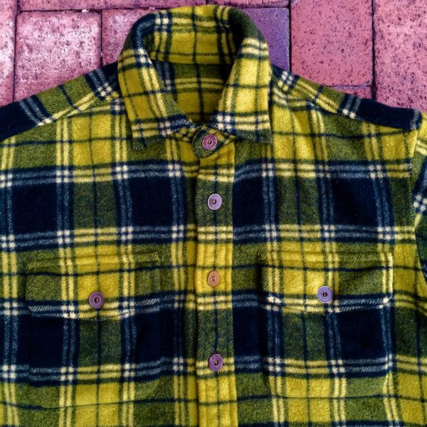 SOLD VINTAGE WOOL NEON GREEN TARTAN PLAID WORKWEAR SHIRT with 100 YEAR OLD METAL BUTTONS