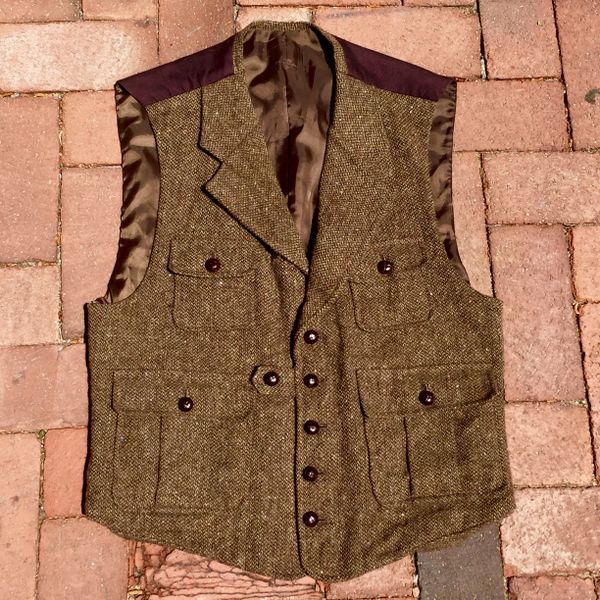 SOLD BRITISH STYLE WOOL TWEED HUNTING VEST with LEATHER BUTTONS & COTTON BACK