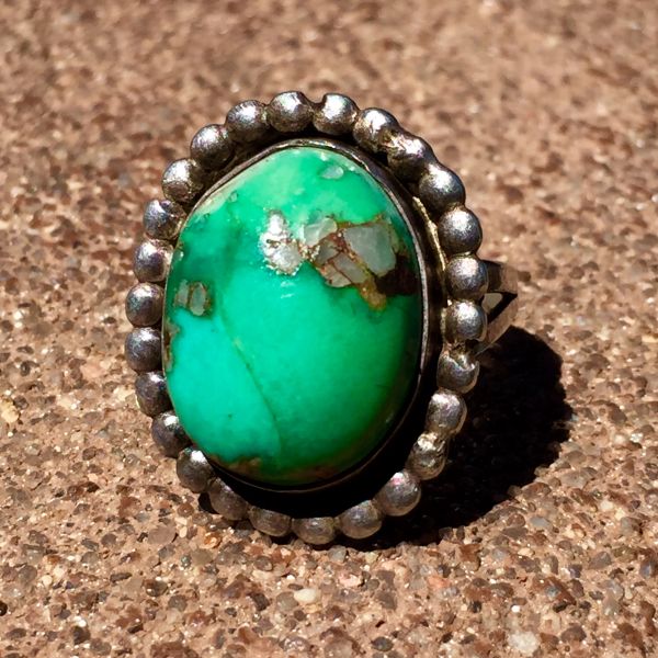 SOLD 1930's KINGMAN TURQUOISE & QUARTZ SILVER RING with PAWNED VALUE ETCHED IN