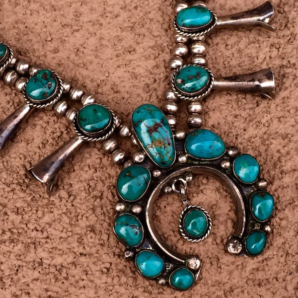 SOLD 1960s BISBEE TURQUOISE SILVER SQUASH BLOSSOM in 1930s STYLE