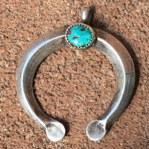 SOLD 1920s SANDCAST SILVER RARE EARLY TURQUOISE NAJA PENDANT