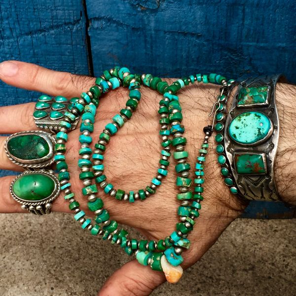 SOLD 1920s ITTY BITTY GRADUATED SILVER BENCH BEADS & HAND FILED PUMP DRILLED TURQUOISE HEISHI BEAD NECKLACE with CRYSTAL CORN KERNEL
