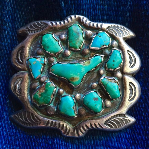 SOLD 1940s DAN SIMPLICIO SANDCAST SILVER TURQUOISE BELT BUCKLE