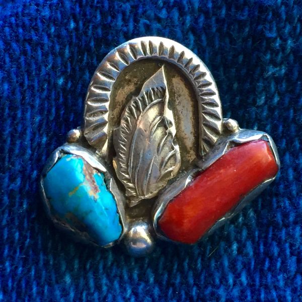 SOLD 1940s CORAL TURQUOISE SILVER DAN SIMPLICIO PIN