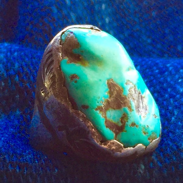 SOLD 1930s DAN SIMPLICIO TURQUOISE NUGGET SILVER LEAF FOLIATE STAMPED RING