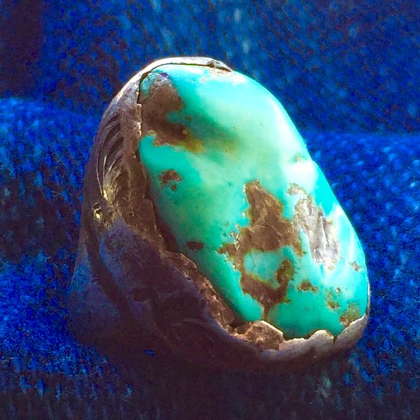 SOLD 1930s DAN SIMPLICIO TURQUOISE NUGGET SILVER LEAF FOLIATE STAMPED RING
