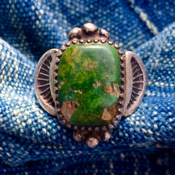 SOLD 1910s SIGNED GREEN TURQUOISE with QUARTZ CRYSTAL MATRIX SILVER RING