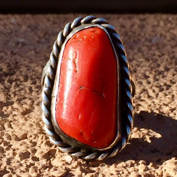 SOLD 1940s CORAL SILVER AMERICAN STAMPED RING