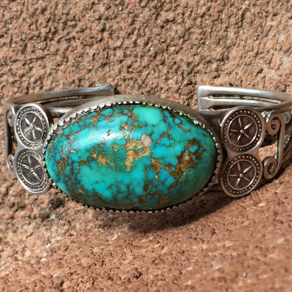 SOLD 1930s ENORMOUS PERSIAN TURQUOISE AMERICAN SILVER CUFF BRACELET