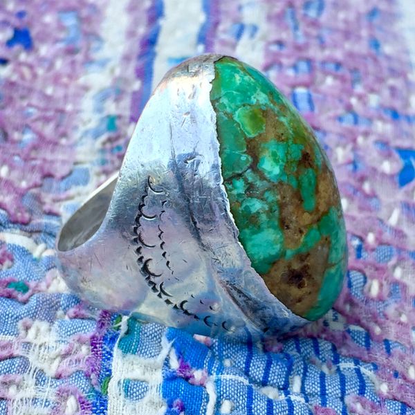 SOLD 1920s ENORMOUS PERSIAN TURQUOISE AMERICAN CAST SILVER STAMPED RING