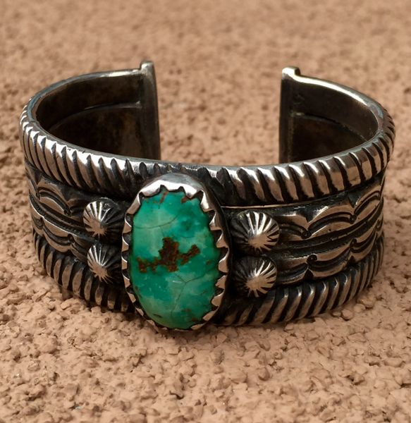 SOLD 1920s REPRODUCTION TURQUOISE INGOT SILVER HEAVY CUFF BRACELET BY JOCK FAVOUR