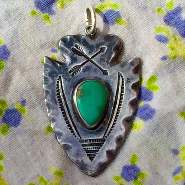 SOLD 1920s FILE & ARROW STAMPED ARROWHEAD TURQUOISE SILVER DOG TAG PENDANT