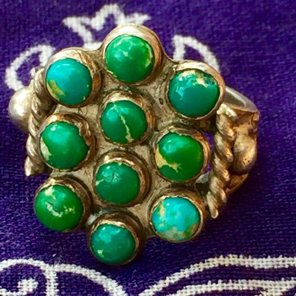 SOLD 1920s INGOT SILVER AMERICAN 10 STONE TURQUOISE RING