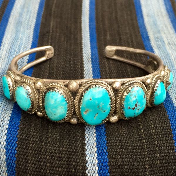 SOLD 1930s 7 BLUE STONES TURQUOISE SILVER CUFF BRACELET