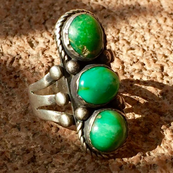 SOLD 1920s INGOT SILVER 3 TURQUOISE STONE RING