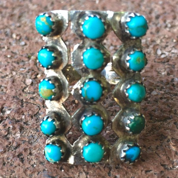 SOLD 1920s INGOT SILVER AMERICAN TURQUOISE 15 STONE RING