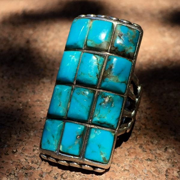 SOLD 1940s AMERICAN SANDCAST SILVER 12 STONE TURQUOISE FINGER LONG RING