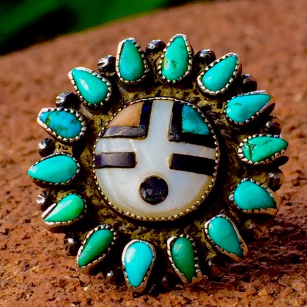 1940s AMERICAN SUN FACE TURQUOISE INLAY PINKY RING