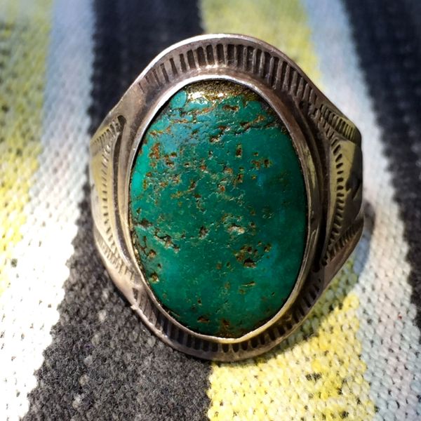 SOLD 1940s TURQUOISE SILVER STAMPED FRED HARVEY ERA MENS RING