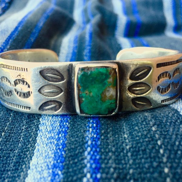 SOLD 1890s CHRYSOCOLLA EARLY FILE STAMPED INGOT SILVER CUFF BRACELET