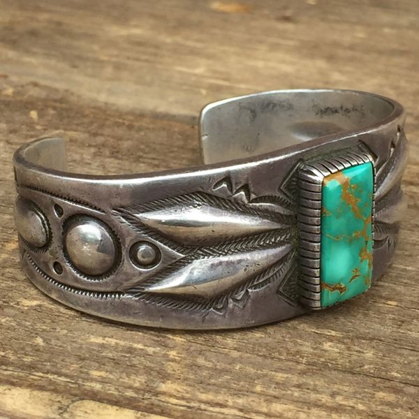 SOLD 1940s REPRODUCTION of 1910s STYLE INGOT SILVER REPOUSSE BLUE GEM TURQUOISE CUFF BRACELET
