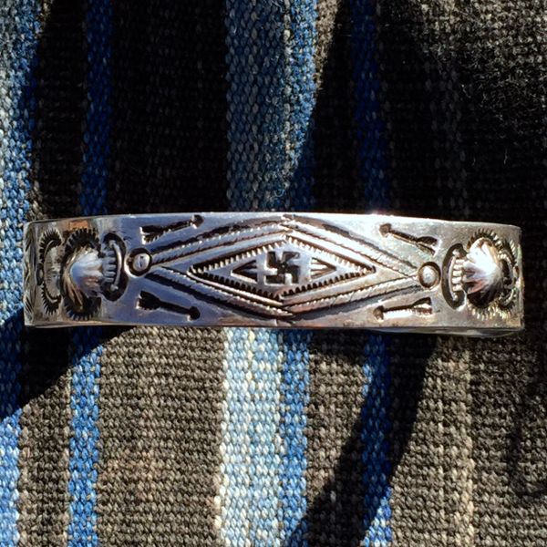 SOLD 1920s REPOUSSE' INGOT SILVER WHIRLING LOG SWASTIKA ARROWS PEYOTE BUTTONS CUFF BRACELET