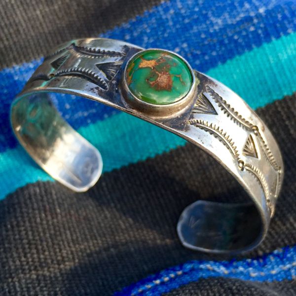 SOLD 1930s ROYSTON TURQUOISE SILVER STAMPED CUFF