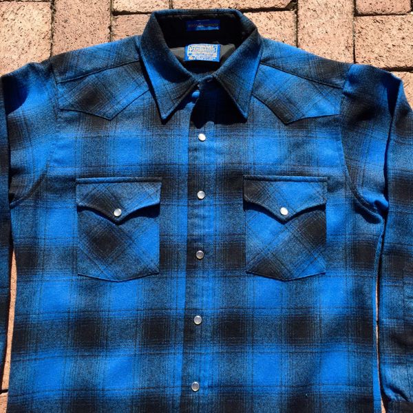 SOLD 1990s GRUNGE ROCKER PENDLETON INDIGO SHADOW BOX TARTAN PLAID PEARL ...