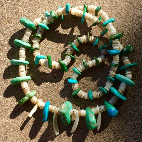 SOLD 1850s TURQUOISE TAB BEAD & HEISHI SHELLS ALL PUMP DRILLED