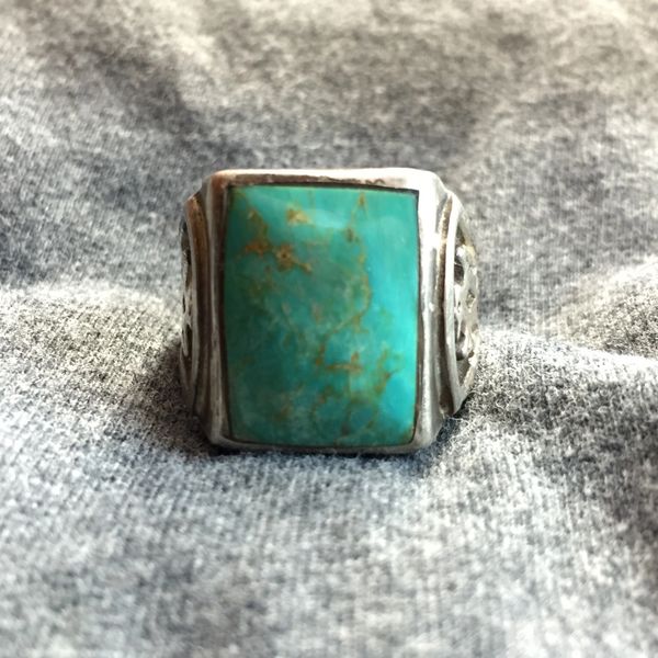 SOLD 1930s ALBUQUERQUE MADE BLUE TURQUOISE THUNDERBIRDS BELL TRADING POST RING