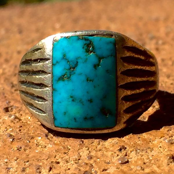 SOLD 1910s INGOT SILVER TURQUOISE CHISELED AMERICAN MENS RING