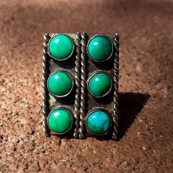 SOLD 1920s 6 TURQUOISE STONES SILVER FRED HARVEY ERA RING