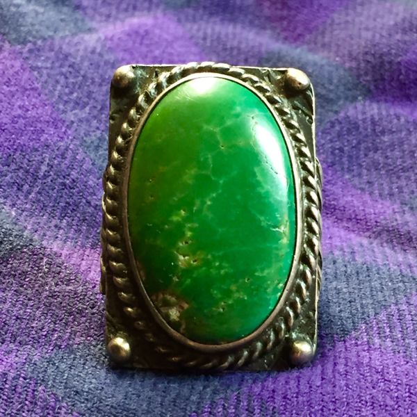 SOLD 1920s ENORMOUS CERILLOS TURQUOISE ARROW STAMPED FRED HARVEY ERA SILVER RING