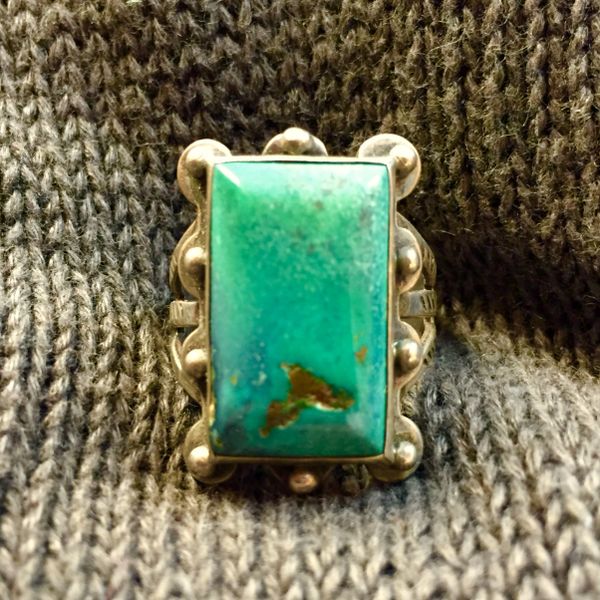 SOLD 1920s FRED HARVEY STAMPED ARROWS BLUE BIG CHISELED SILVER TURQUOISE AMERICAN RING