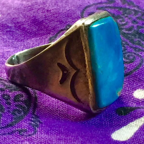 SOLD 1930S HARD BLUE TURQUOISE STAMPED SILVER MENS AMERICAN RING