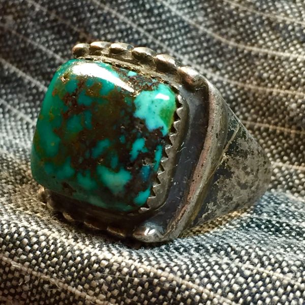 SOLD 1930s SPIDERWEB HARD TURQUOISE SILVER AMERICAN MENS RING