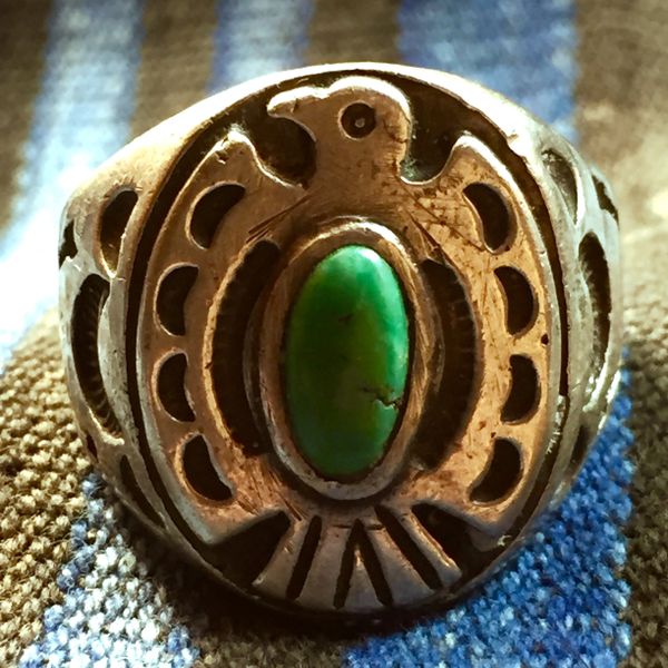 SOLD 1920s THUNDERBIRD FRED HARVEY ERA ARROWS STAMPED SILVER TURQUOISE RING