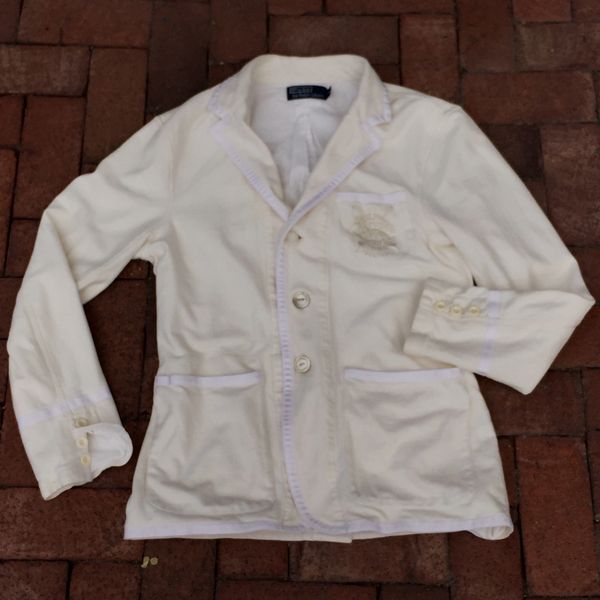 SOLD VINTAGE RALPH LAUREN ROWING PREP SCHOOL IVORY HEREINGBOBE JERSEY KNIT BLAZER JACKET